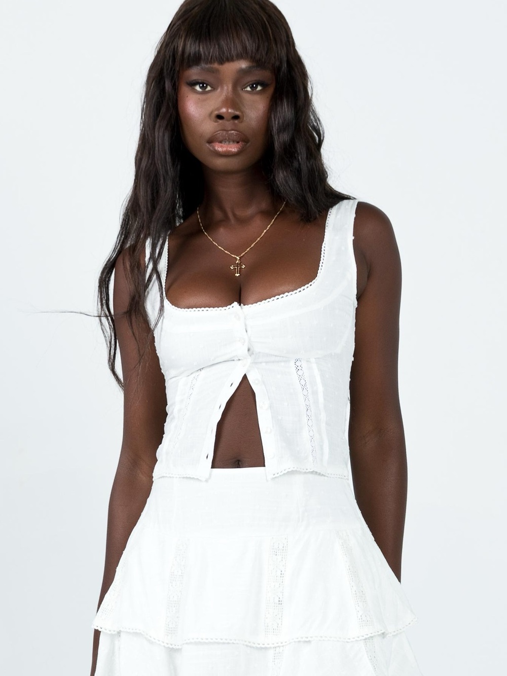 Princess Polly White Button-Front Lace Trim Cropped Cami